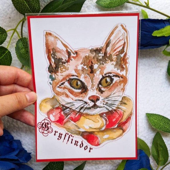 Gryffindor Harry Potter Cute Cat Art Print, Watercolor Hand-painted Drawing - Picture 1 of 3